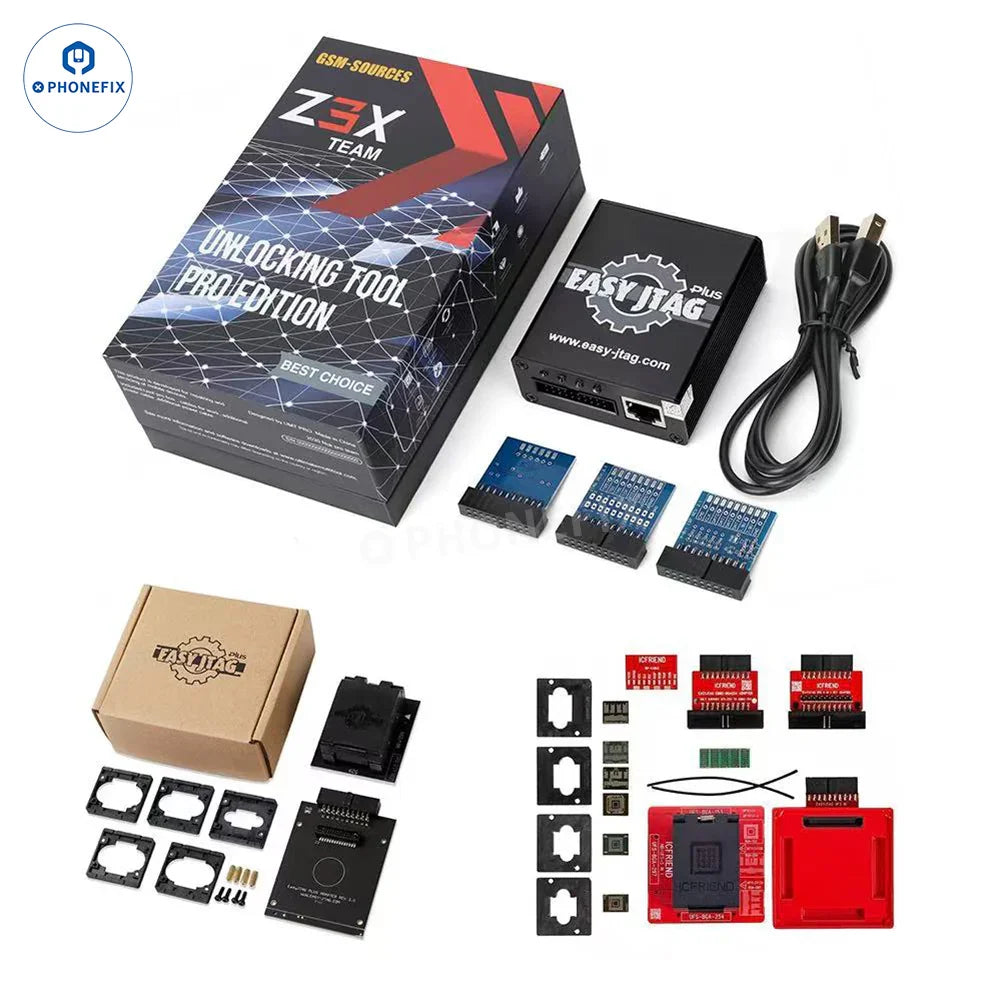 PHONEFIX Easy JTAG Plus Box with 6-in-1 EMMC UFS BGA socket for phone unlocking and repair tools.