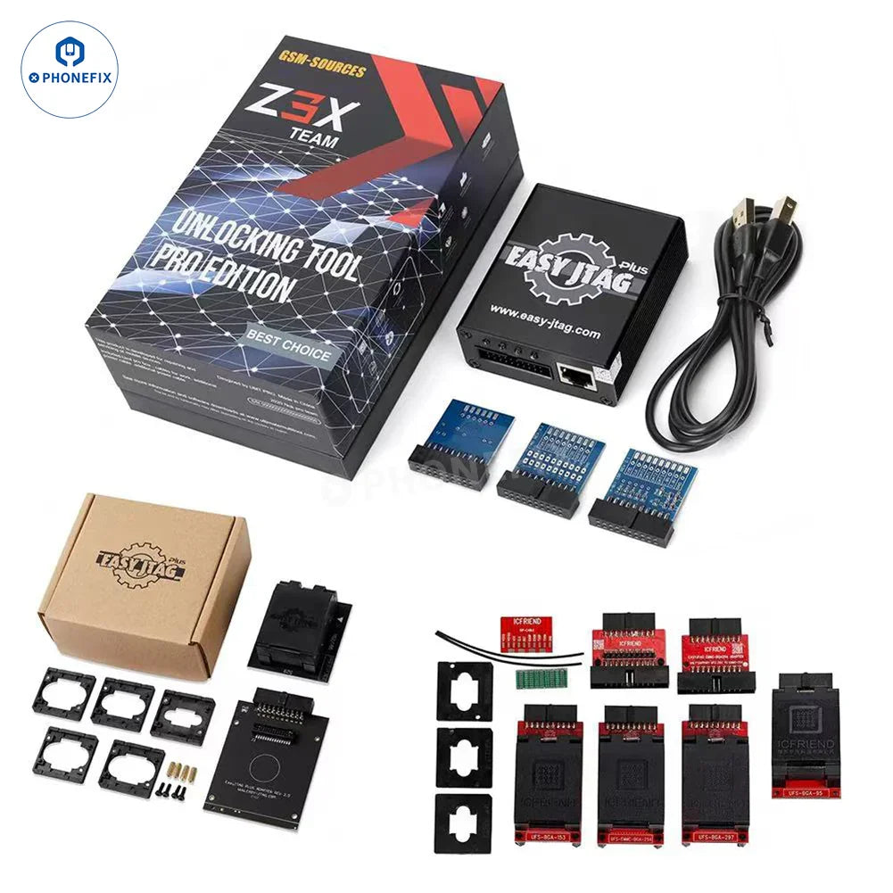 PHONEFIX Easy JTAG Plus Box with 6-in-1 EMMC and UFS BGA sockets for phone unlocking and repair.