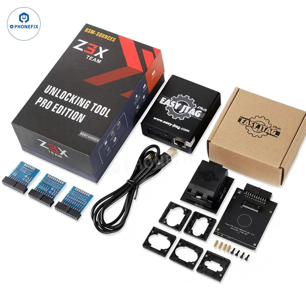PHONEFIX Easy JTAG Plus Box with 6-in-1 EMMC UFS BGA socket for phone unlocking and repair tools, shown with EMMC set components.