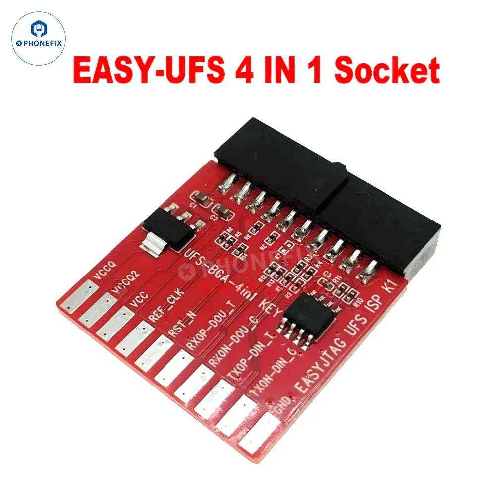 PHONEFIX Easy JTAG Plus Box with 6-in-1 EMMC, UFS, BGA socket for phone unlocking and repair tools.