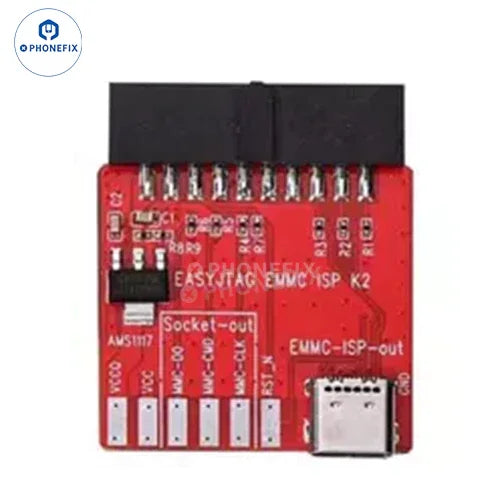 PHONEFIX Easy JTAG Plus Box with 6-in-1 EMMC UFS BGA socket for phone unlocking and repair tools, shown in the image.
