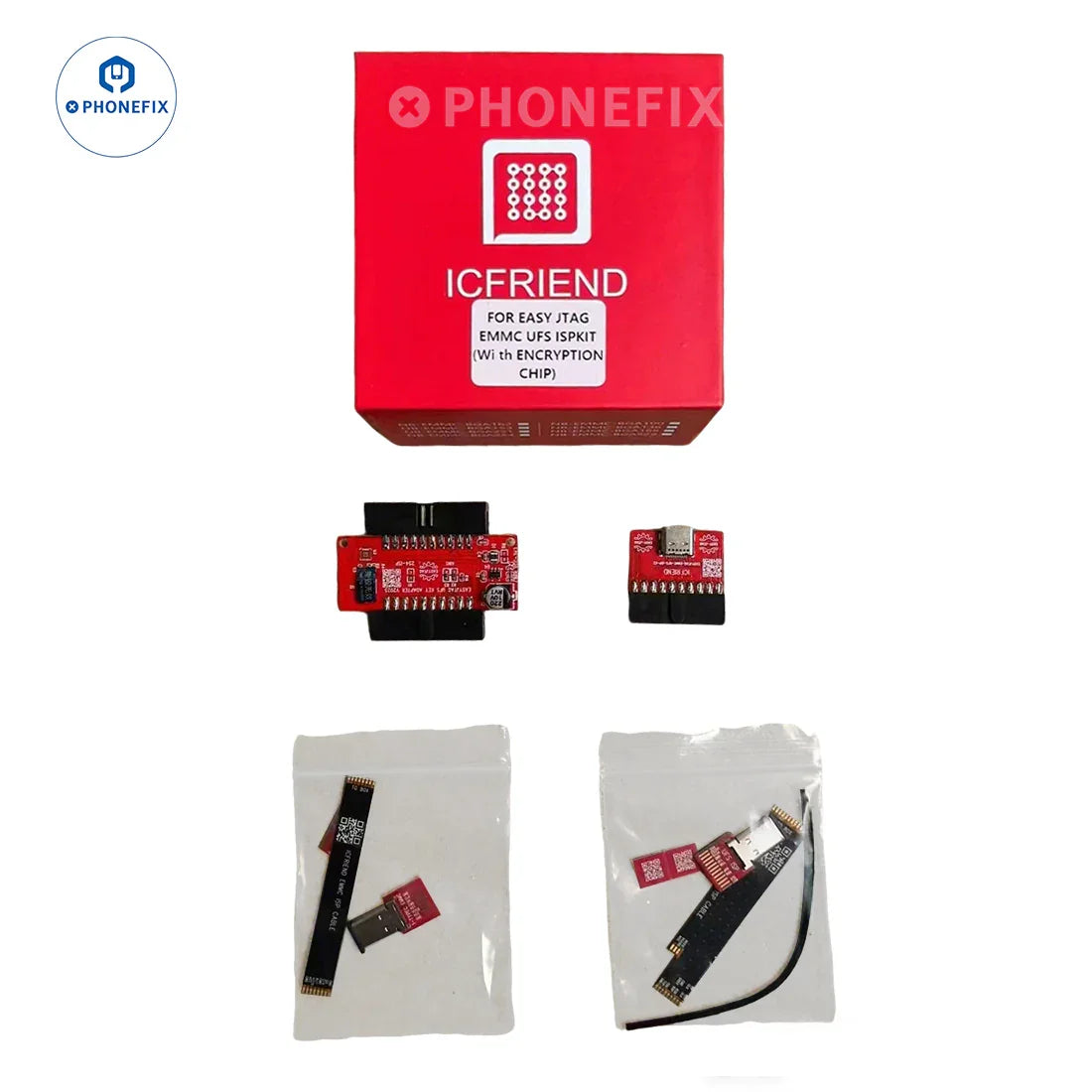 PhoneFix Easy JTAG Plus Box with 6-in-1 EMMC UFS BGA socket for phone unlocking and repair tools, including K1 and K2 ISP set.