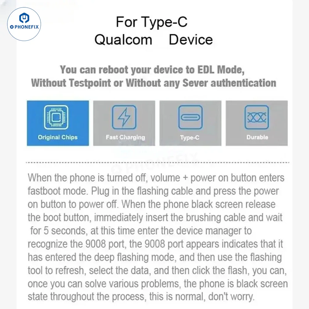 YOUKILOON EDL V2 USB Type-C cable for Qualcomm devices, used with PHONEFIX phone unlocking tools, shown in the image.