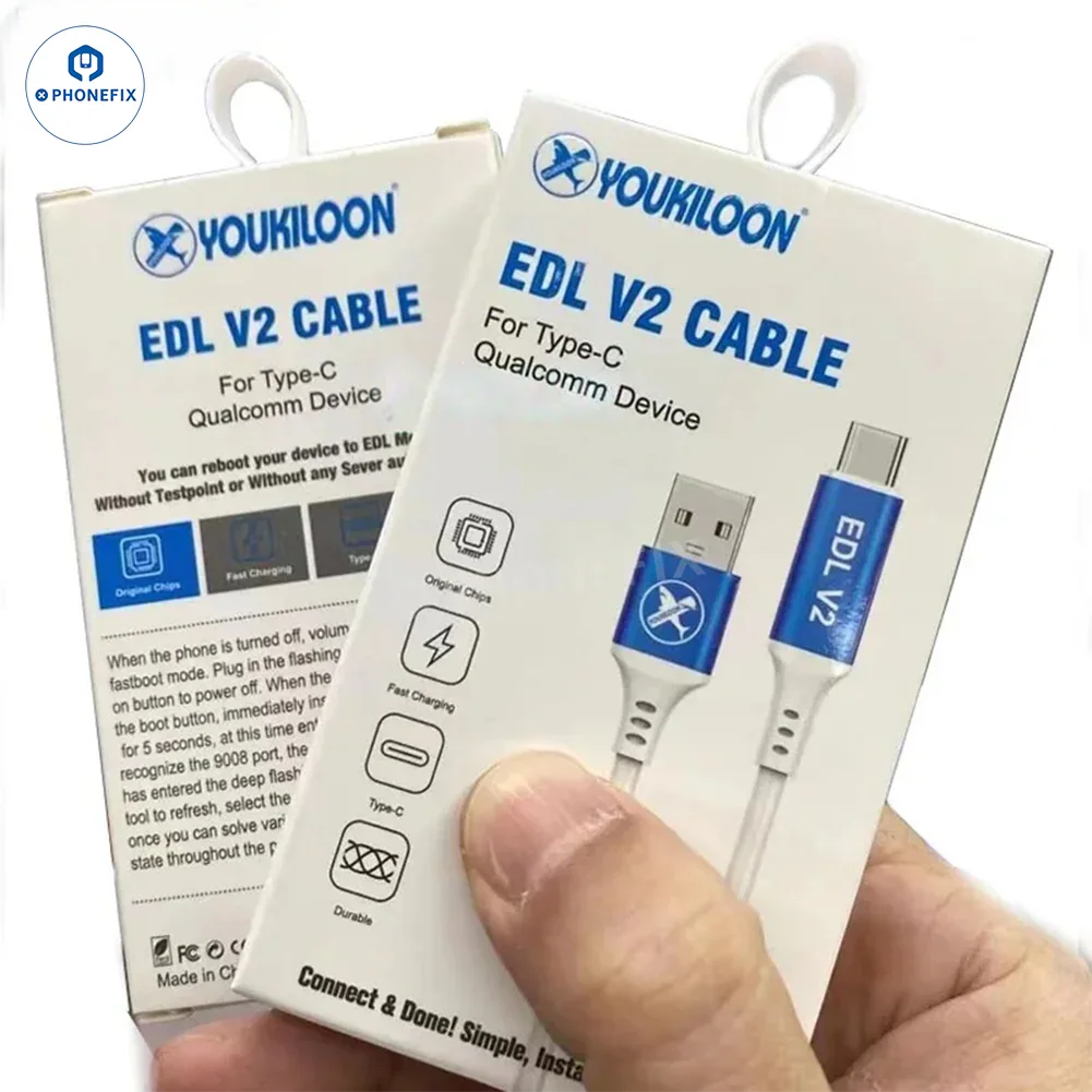 YOUKILOON EDL V2 Type-C Qualcomm device unlocking cable for PHONEFIX, shown with connector end visible.