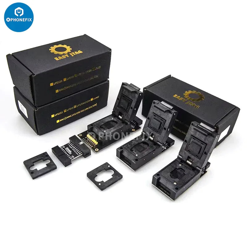 PHONEFIX Z3X Easy JTAG Plus Box with 6-in-1 eMMC socket adapter for phone unlocking and BGA chip repair.
