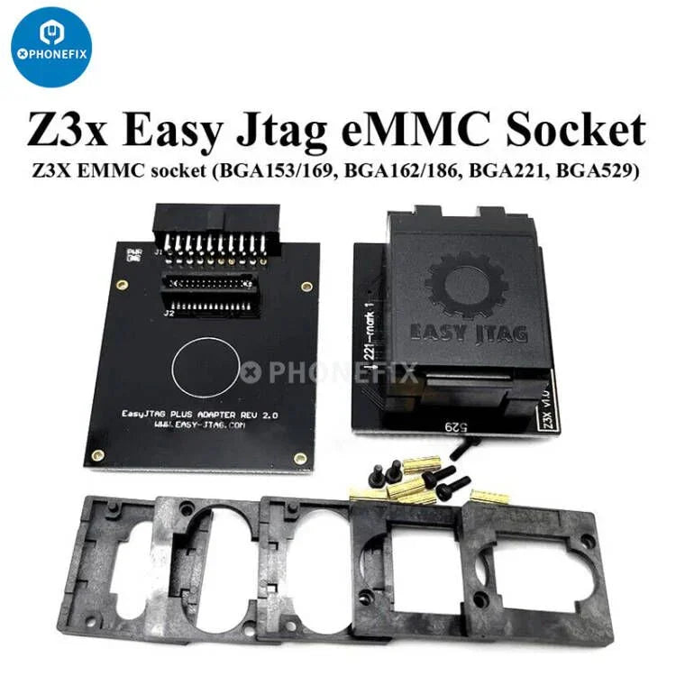 Caja PHONEFIX Z3X Easy Jtag Plus con adaptadores de zócalo eMMC y UFS para herramientas de desbloqueo de teléfonos BGA254, BGA153 y BGA95.