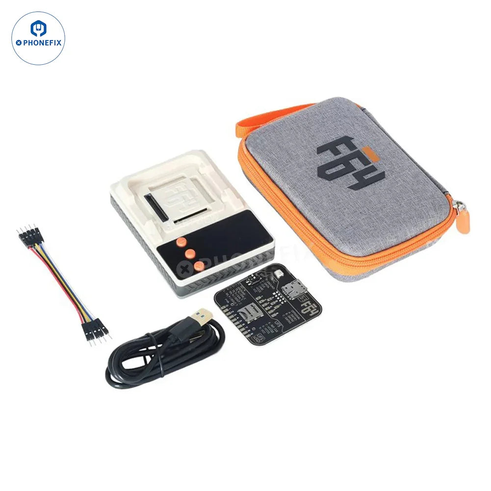 PhoneFix Flash F64 Ultra NAND programmer for UFS, eMMC, MicroSD, and Nano memory cards, used as phone unlocking tools.