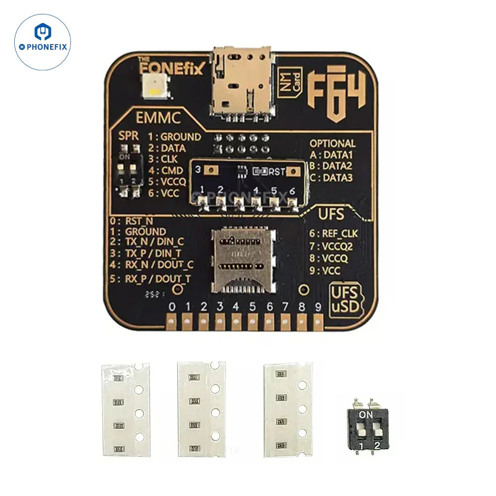 PhoneFix Flash F64 Ultra NAND Programmer for UFS, eMMC, MicroSD, and Nano Memory Cards used for phone unlocking tools.