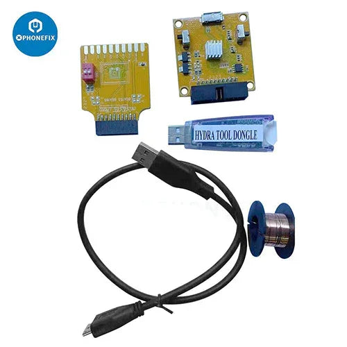 PHONEFIX Hydra Tool Dongle with eMMC ISP adapters for phone unlocking and software flashing, shown with multiple connectors and interface.