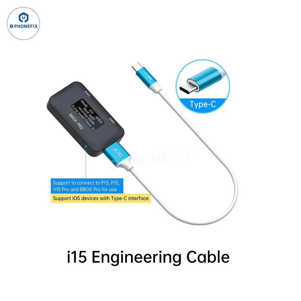 PHONEFIX JCID i15 Type-C engineering cable for iOS recovery mode, with one-key phone unlocking tool and durable cable design.