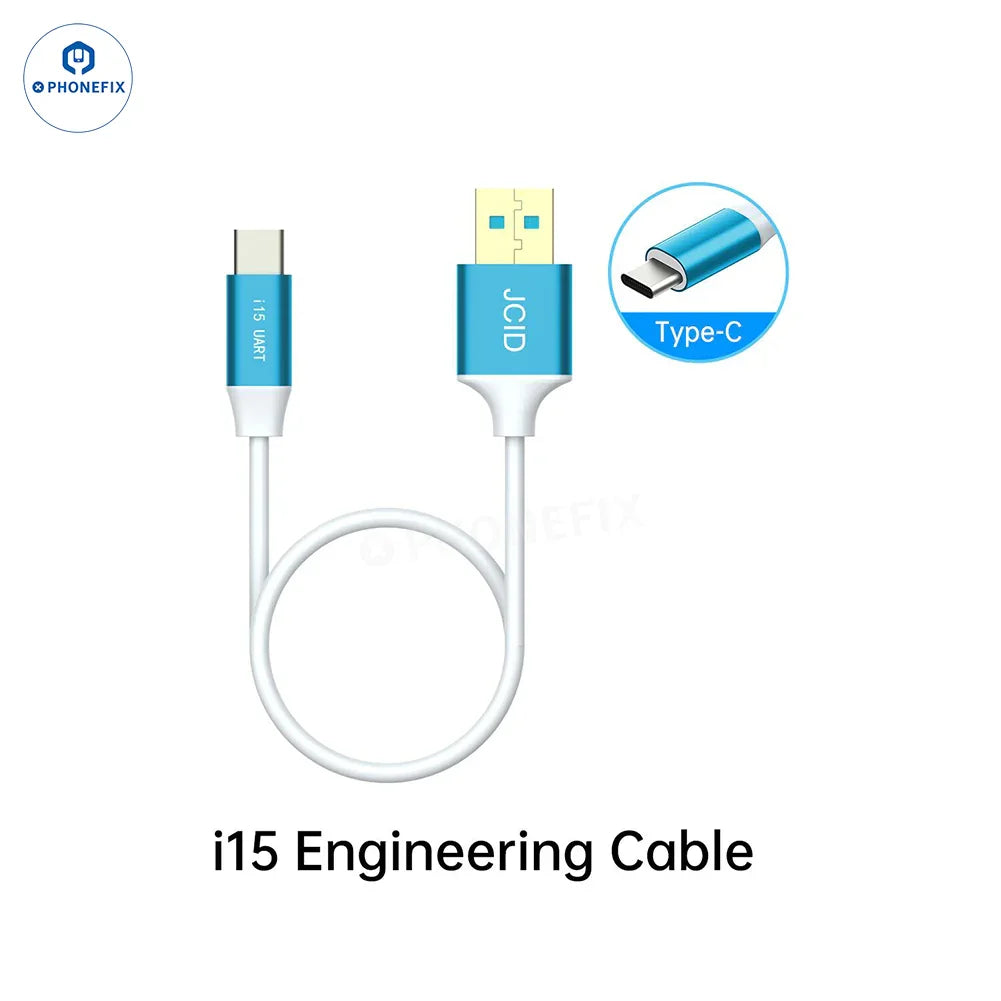 PHONEFIX JCID i15 Type-C engineering cable for iOS recovery mode, showing the black cable with connectors and branding.
