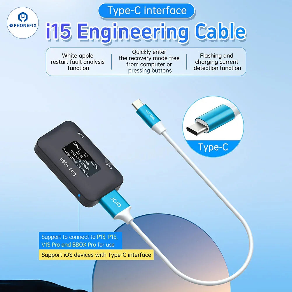 PHONEFIX JCID i15 Type-C engineering cable for iOS recovery mode, showing a black cable with USB-C and iPhone connector.