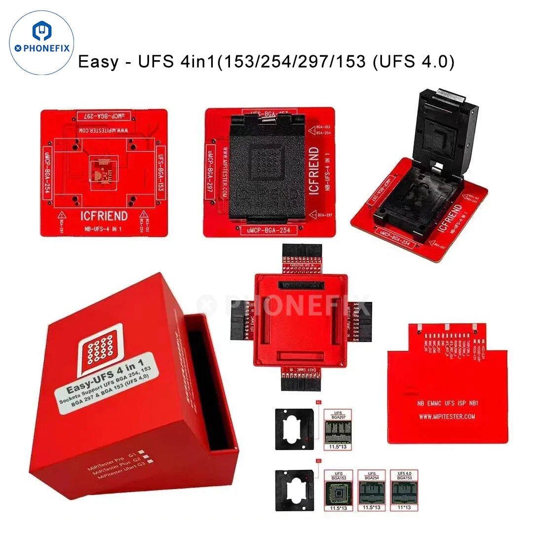 PHONEFIX ICFriend ICS-UFS 3-in-1 Support BGA set with JTAG Plus Box for phone unlocking and repair.