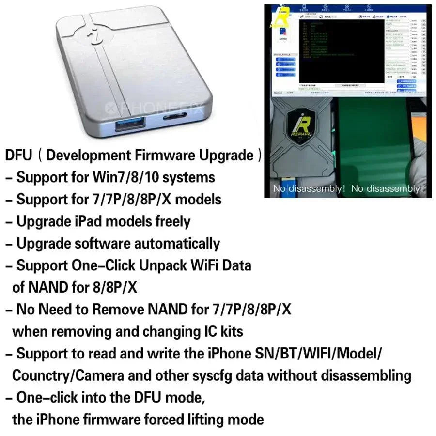 PhoneFix iRepair BOX P10 unlocking tool for iPhone and iPad, with read/write SN and one-key WiFi data transfer.