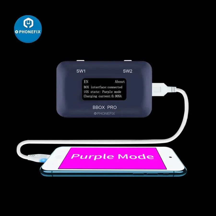 JC B-BOX Window DCSD cable for iOS A7-A11 phones, purple mode, used with PHONEFIX unlocking tools for iPhone security repair.