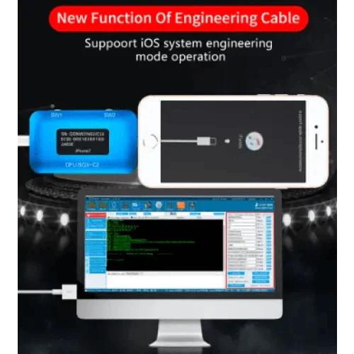 PhoneFix JC C2 DFU Box with engineering DCS-D cable for phone unlocking and entering DFU mode, shown with connected components.