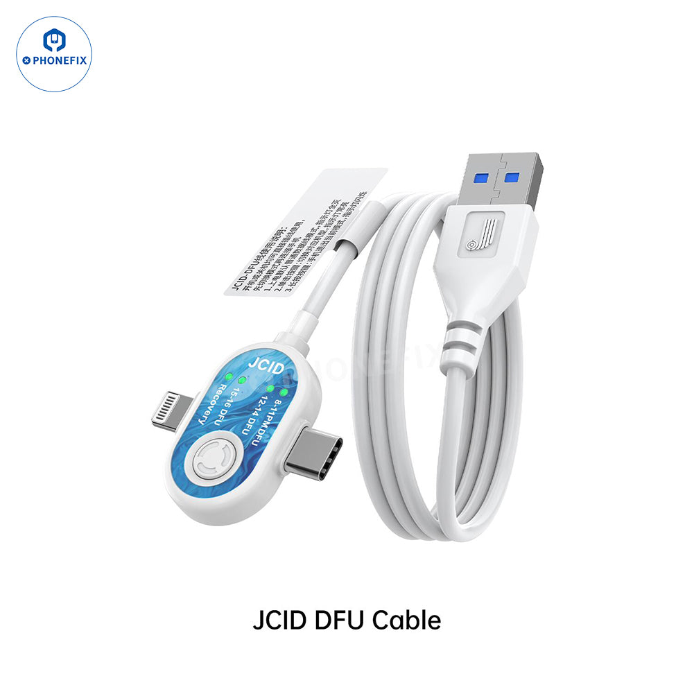 JCID Button-Free Auto DFU Cable for iPhone, iPad, MacBook repair by PHONEFIX, with a sleek black cable and connector tips.