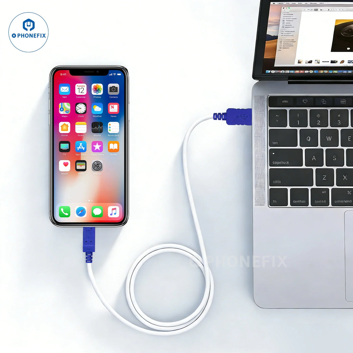 PHONFIX MAGICO Restore Easy Cable for iPhone and iPad flashing and unlocking, showing the cable and connectors on a white background.