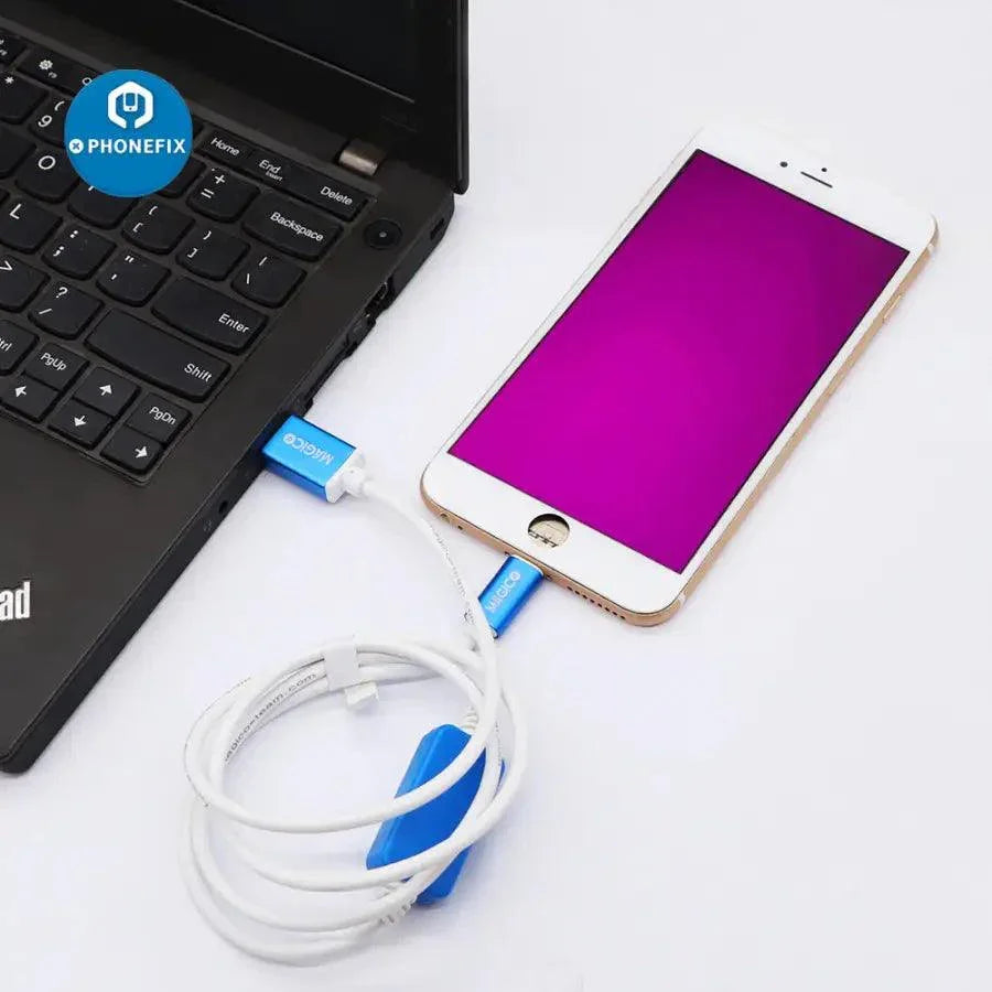 Magico DCSD cable for iPhone serial port engineering, PHONEFIX phone unlocking tool, close-up view of the cable on a white background.