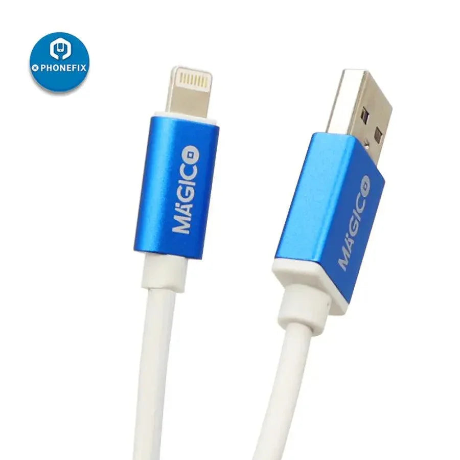 Magico DCSD cable for iPhone serial port engineering, PhoneFix phone unlocking tool, black cable with connectors for iPhone repair.