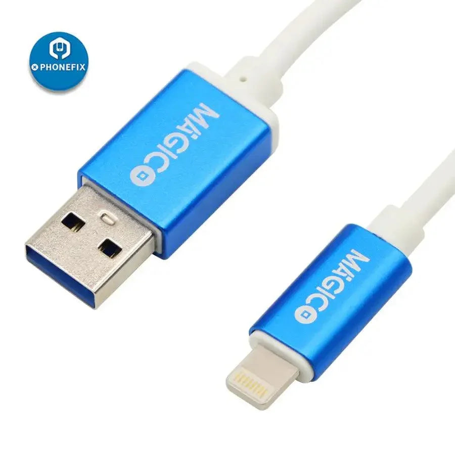 Magico DCSD iPhone serial port engineering cable for unlocking, designed by PHONEFIX, shown connected to an iPhone.