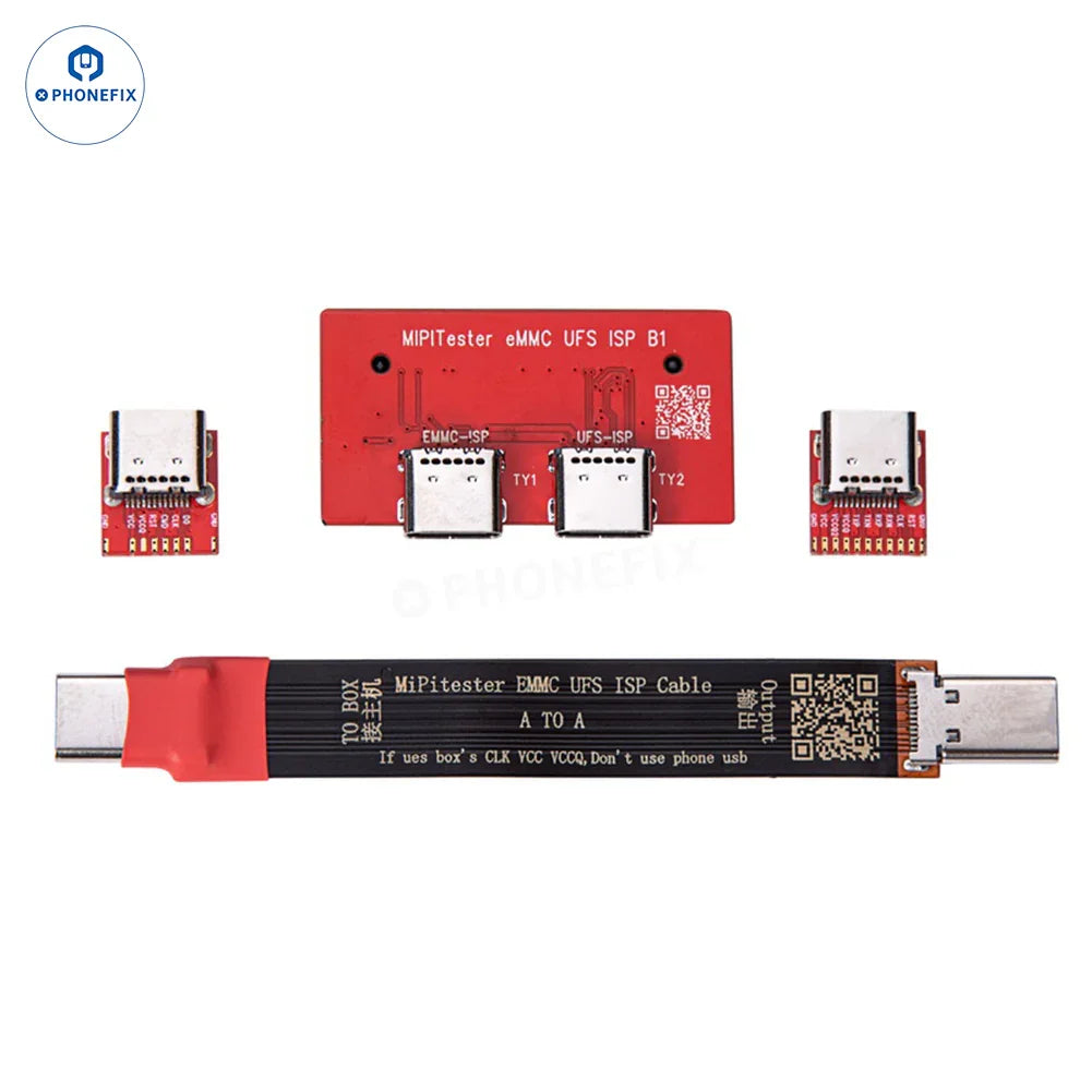 PhoneFix MIPI PRO Tester with UFS EMMC ISP cable and BGA adapters, used for phone unlocking and repair diagnostics.