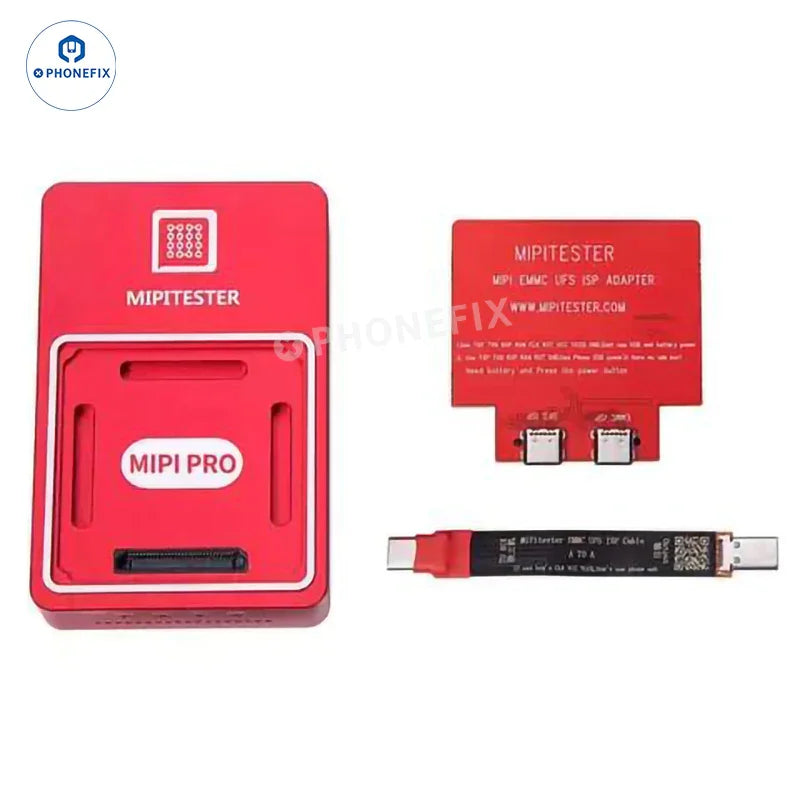 PhoneFix MIPI PRO Tester with UFS EMMC ISP cable and BGA adapters for phone unlocking and repair.