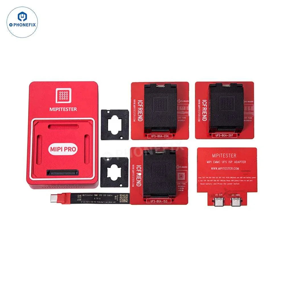 PhoneFix MIPI PRO Tester with UFS EMMC ISP cable and BGA adapters for phone unlocking and repair.