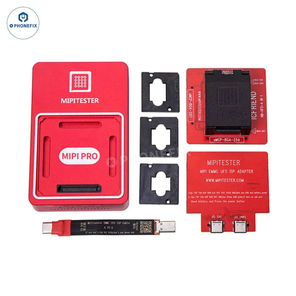 PHONEFIX MIPI PRO Tester with UFS EMMC ISP cable and BGA153/254/297 adapters for phone unlocking and repair.