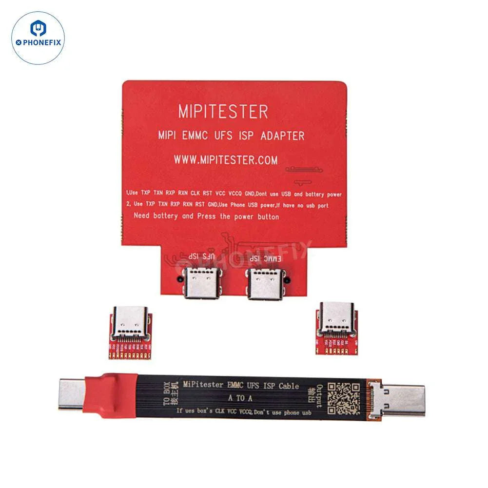PhoneFix MIPI PRO Tester with UFS EMMC ISP Cable and BGA153/254/297 adapters for phone unlocking and repair.