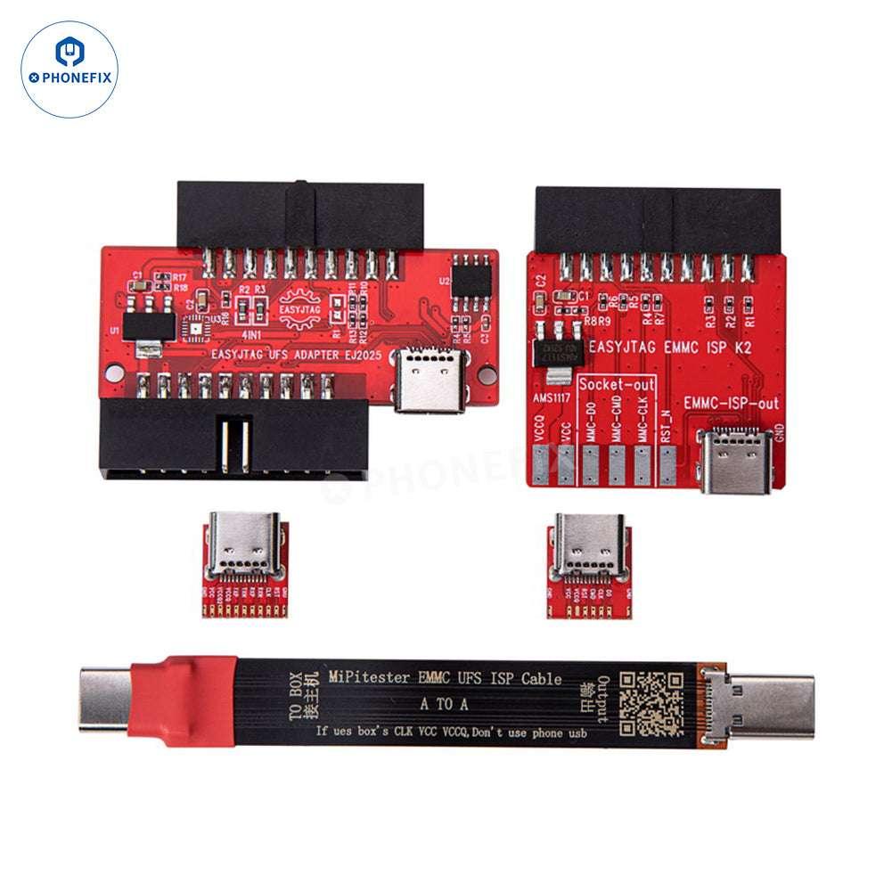 PHONEFIX MIPI PRO Tester with UFS EMMC ISP cable and adapters for BGA153/254/297, used for phone unlocking and repair.