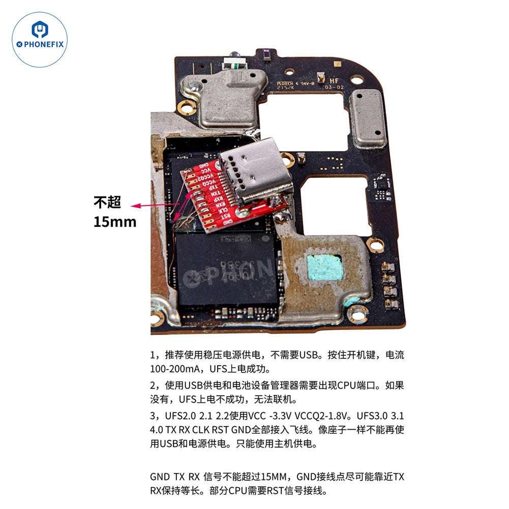 PHONEFIX MIPI PRO Tester with UFS EMMC ISP Cable for BGA153/254/297 chips, used for phone unlocking and repair.