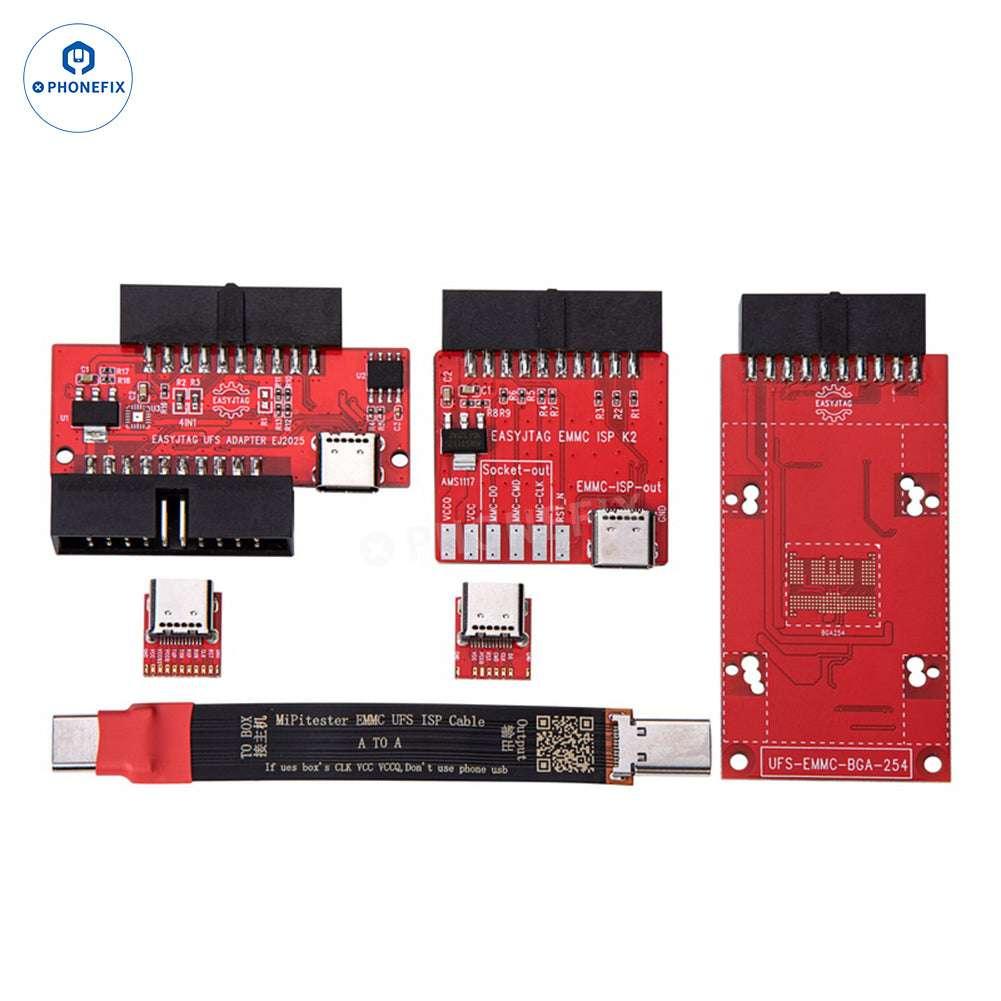 PhoneFIX MIPI PRO Tester with UFS EMMC ISP cable and BGA153/254/297 adapters for phone unlocking and repair.