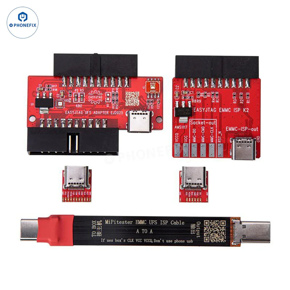PhoneFix MIPI PRO Tester with UFS EMMC ISP cable and adapters for BGA153, 254, 297, used in phone unlocking and repair.