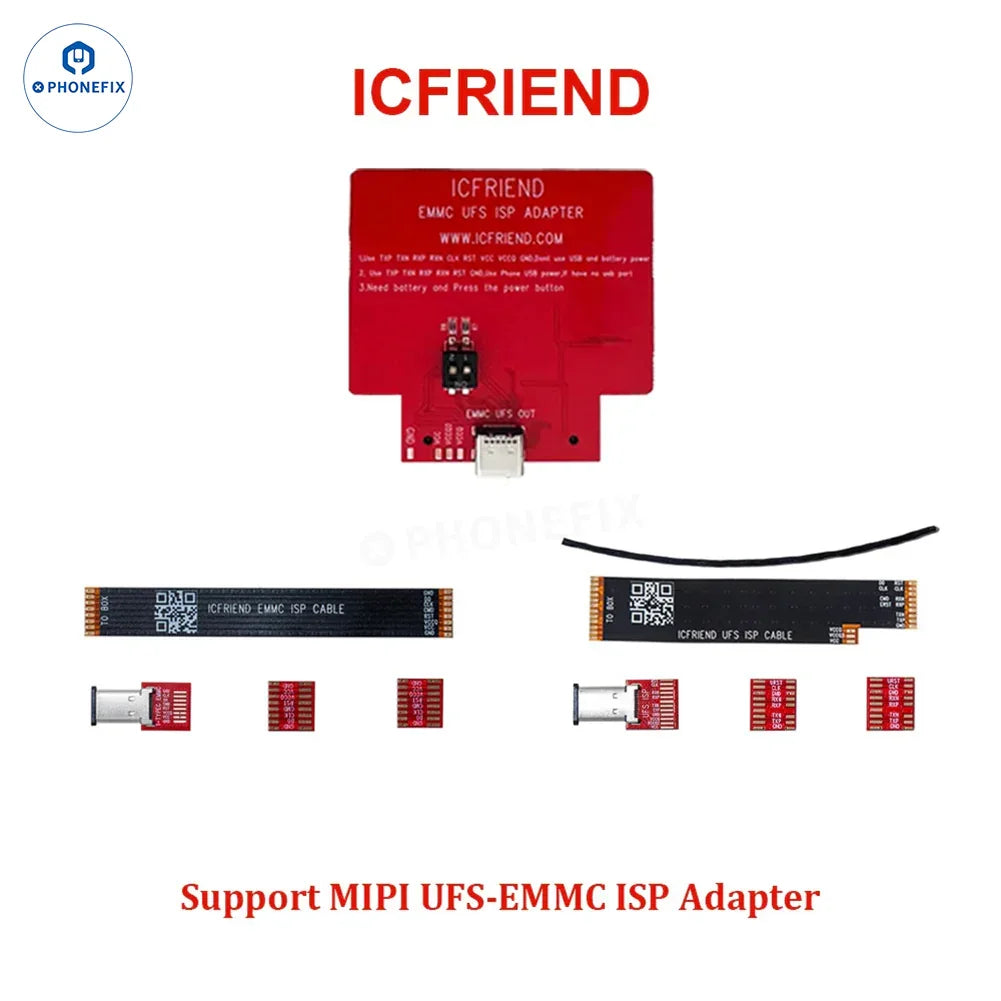 PhoneFix MIPI PRO Tester with EMMC UFS ISP cable and BGA adapters for phone unlocking and repair.