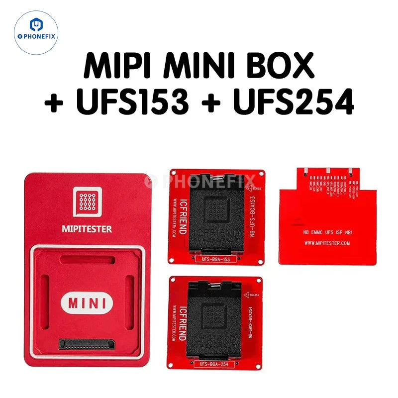 PHONEFIX MiPiTester MINI UFS153 UFS254 EMMC 13-in-1 phone unlocking tool adapter shown with ports and connectors.