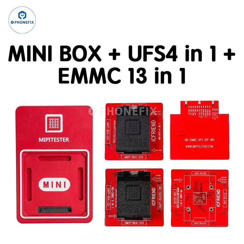 PhoneFix MiPiTester MINI UFS and EMMC adapter with multiple slots for phone unlocking tools, shown with connected components.