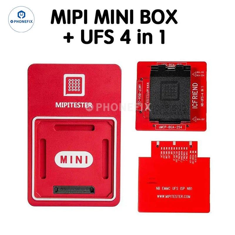 PHONEFIX MiPiTester MINI UFS153 UFS254 EMMC 13-in-1 adapter for phone unlocking and data testing, shown in the image.
