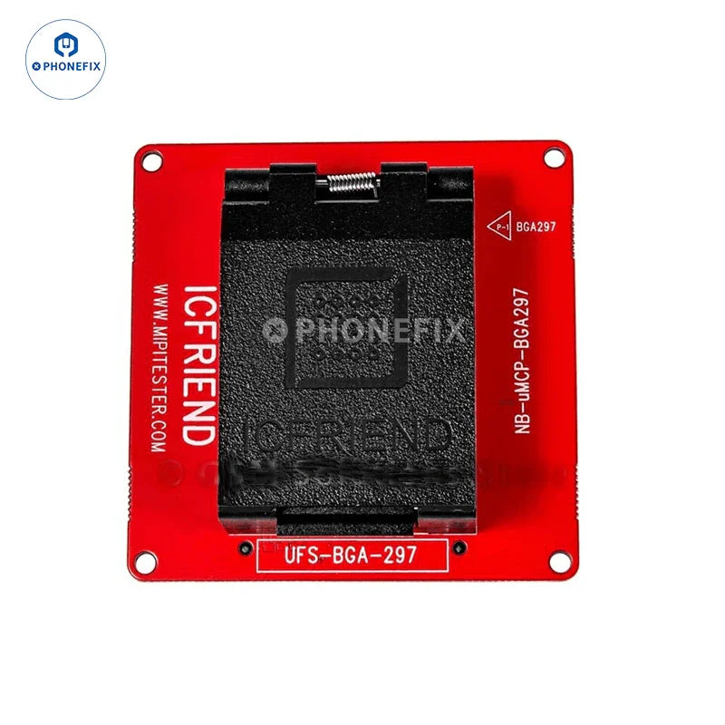PHONEFIX MiPiTester MINI tester box with UFS and EMMC adapters for phone unlocking and data testing.