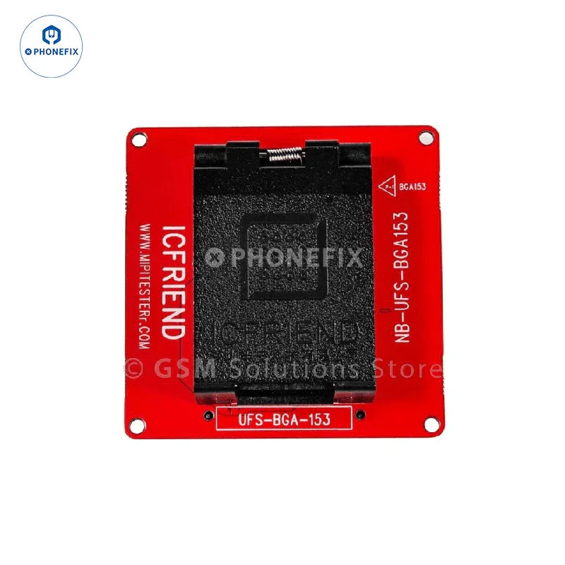 MiPiTester MINI Adapter for UFS and EMMC chips, used with PHONEFIX unlocking tools for phone repair and data testing.