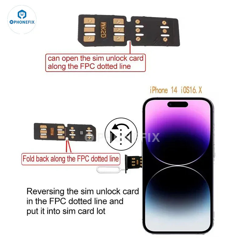 PHONEFIX MKSD Ultra Unlock Card for iPhone 15, fixes iOS 17 invalid SIM error, phone unlocking tool for iPhone models.
