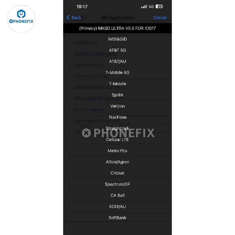 PHONEFIX MKSD Ultra Unlock Card for iPhone 15 fixes iOS 17 invalid SIM error, phone unlocking tool for iOS devices.