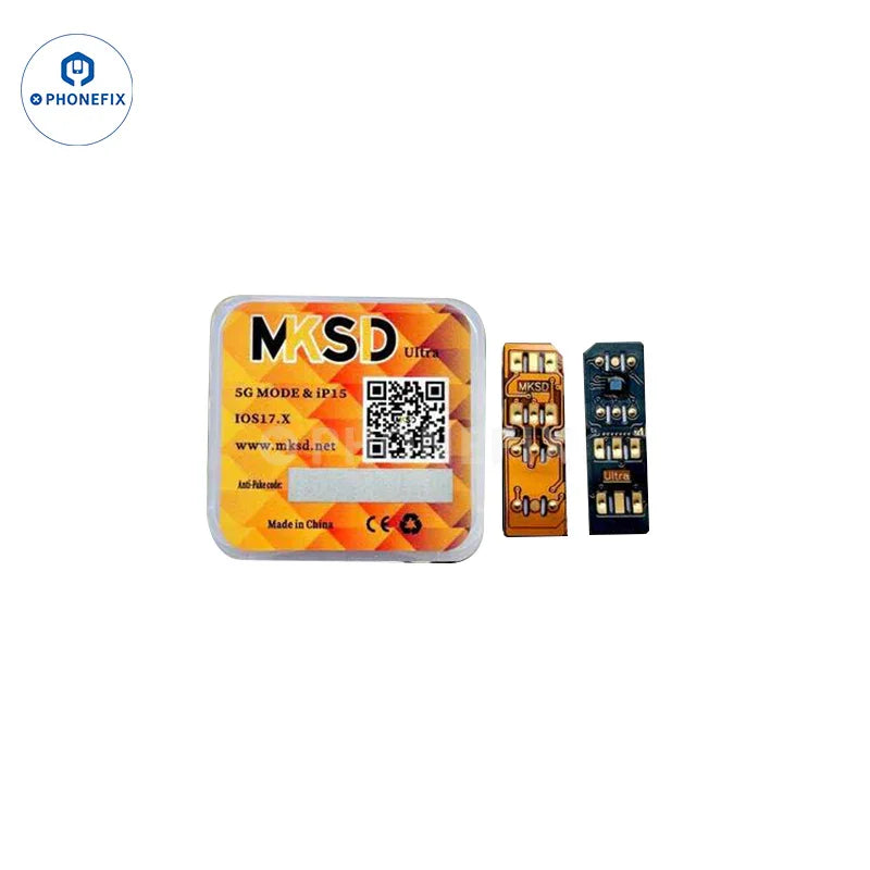PHONEFIX MKSD Ultra Unlock Card for iPhone 15 fixes iOS 17 invalid SIM error, phone unlocking tool for iPhone models.