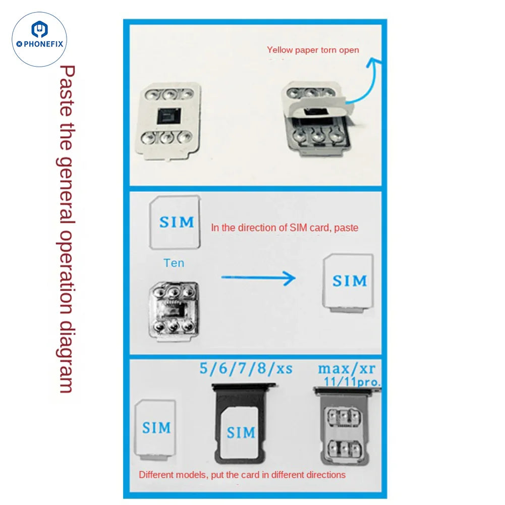 PHONEFIX MKSD iOS 18 SIM unlock card with adhesive for iPhone 16 series, used as a phone unlocking tool.