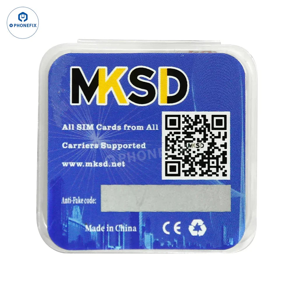 PHONEFIX MKSD iOS 18 SIM unlock card with adhesive for iPhone 16 series, used as a phone unlocking tool