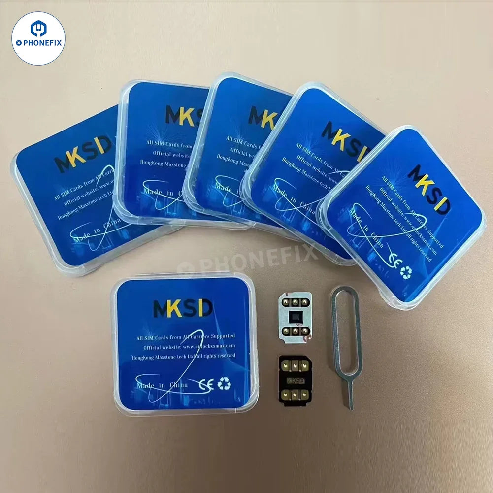 PHONEFIX MKSD iOS 18 SIM unlock card with single-sided adhesive for iPhone 16 series, used for phone unlocking tools.