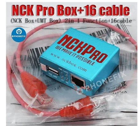 PHONEFIX NCK Pro Box phone unlocking tool with 16 cables for flashing and unlocking Samsung and Huawei smartphones.