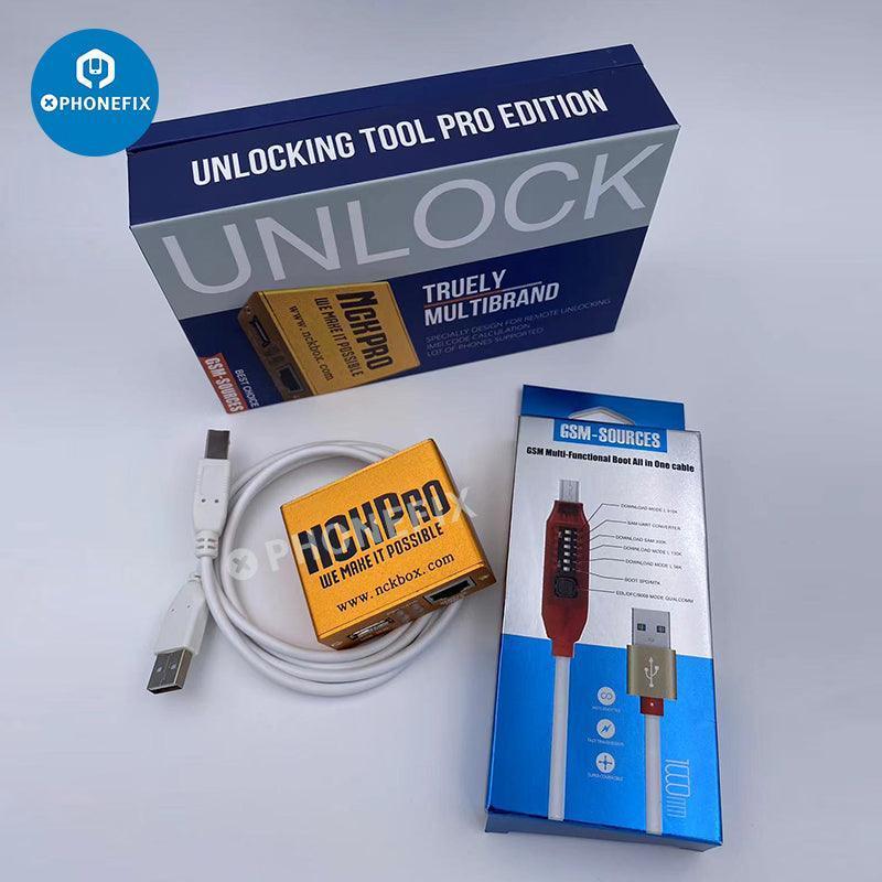 PHONEFIX NCK Pro Box phone unlocking tool with 16 cables for Samsung and Huawei flashing and repair.