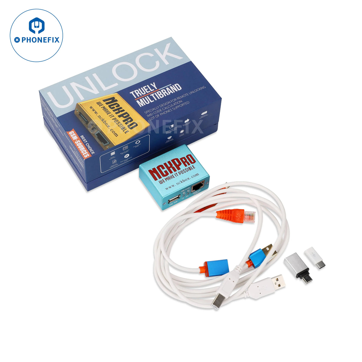 NCK Pro Box phone unlocking tool by PHONEFIX with 16 cables for Samsung and Huawei flashing and unlocking tasks.