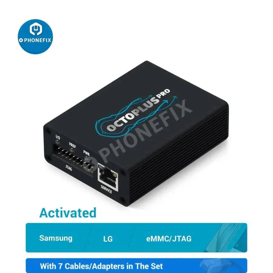 Octoplus Pro Box by PHONEFIX for phone unlocking, EMMC, JTAG, Samsung, LG flashing, and repair tools for China phones.